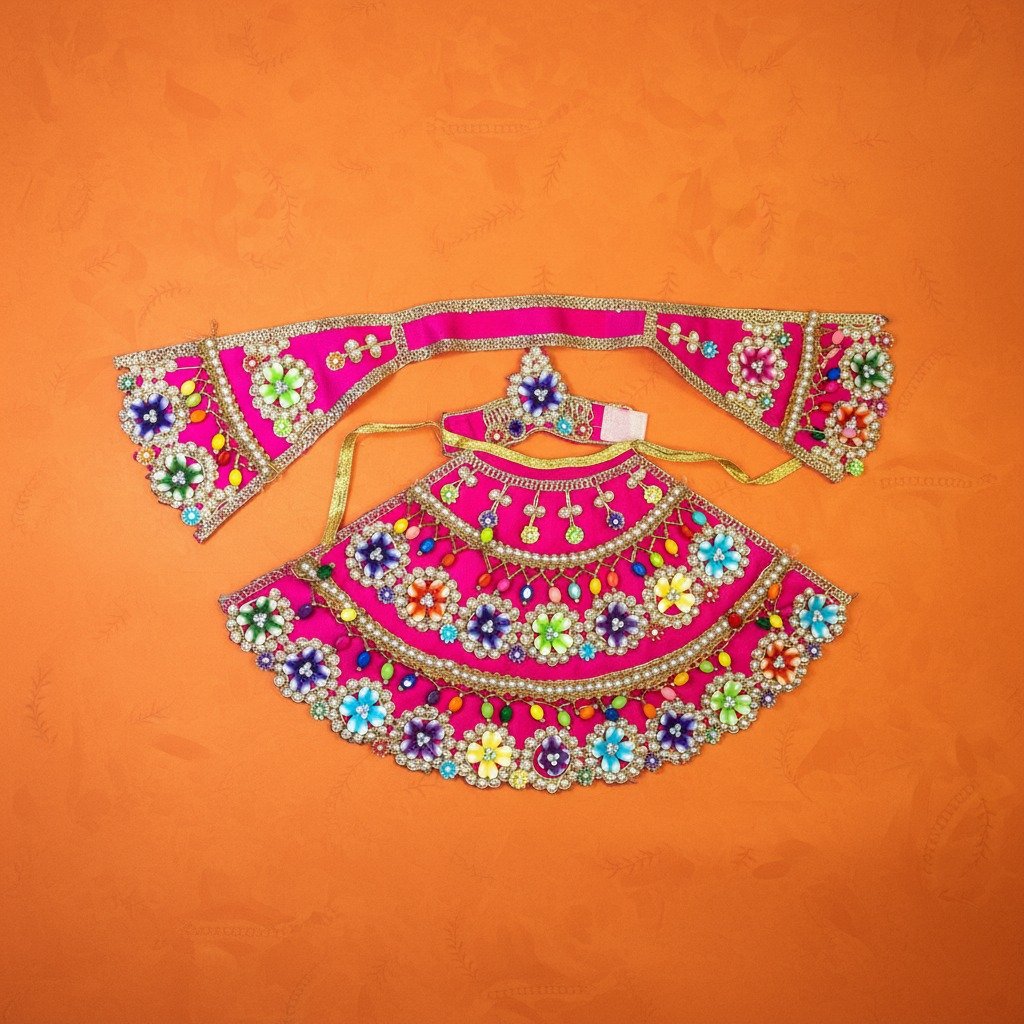 Designer Mata Rani Lehenga Choli Set – Pink with Multicolor Floral & Stone Work