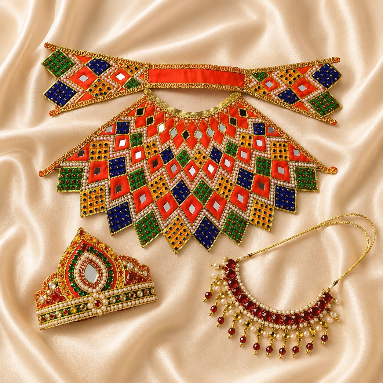 Premium Multi-Color Velvet Mata Rani Dress with Mukut & Necklace