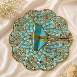 Laddu Gopal Green, Peach & Sky Blue Silk Fabric Poshak | Handmade Moti Work Designer Dress for Kanha Ji