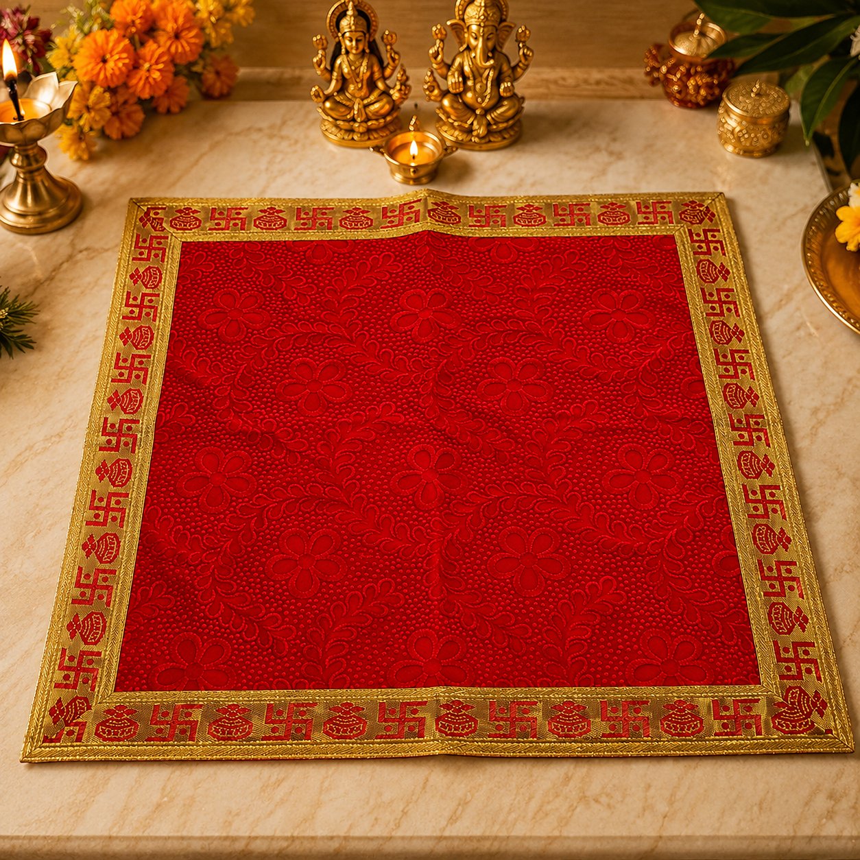 Red Velvet Mata Rani Chauki Asan – Premium Decorative Pooja Cloth