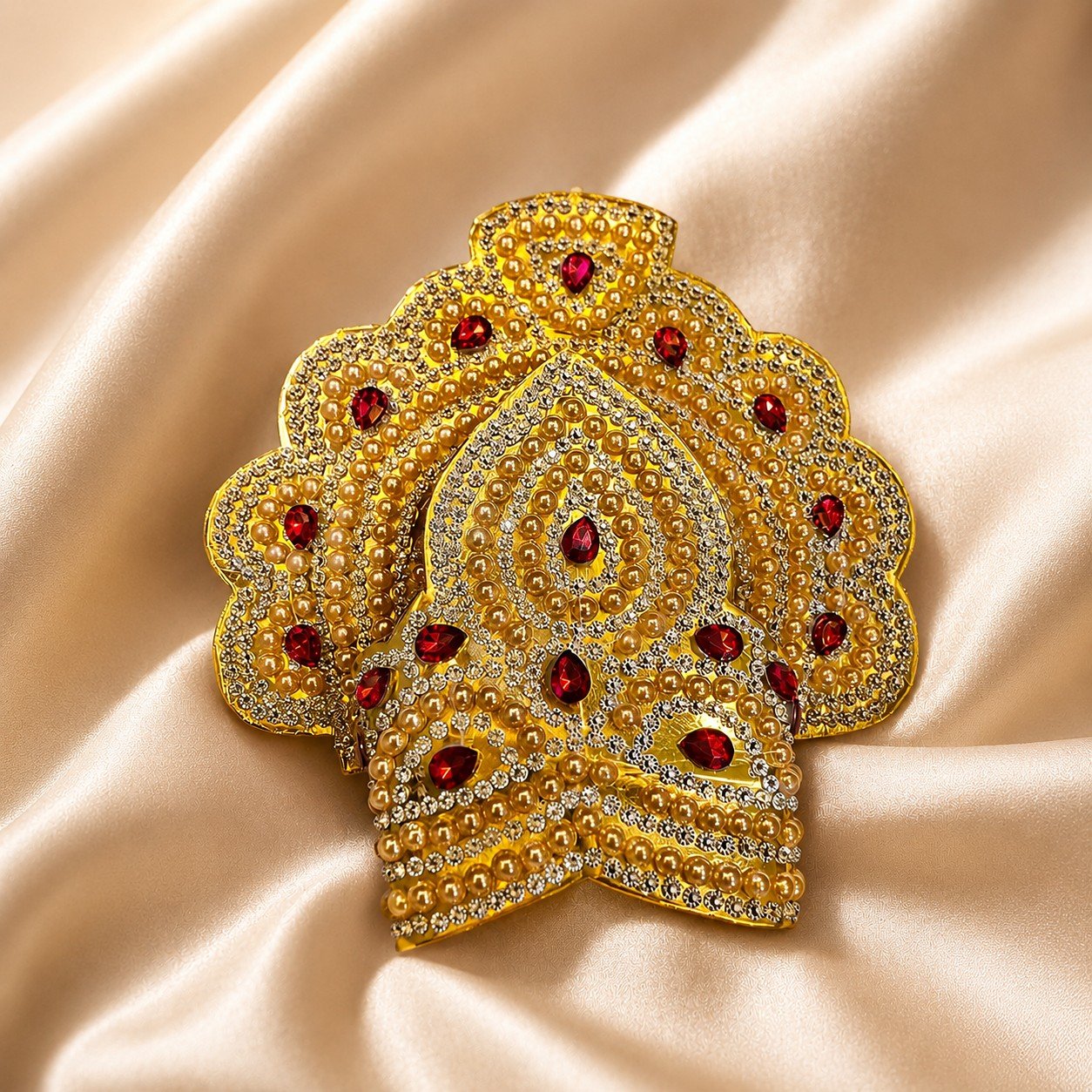 Golden Shringar Mata Rani Mukut with Pearl & Ruby Stone Work