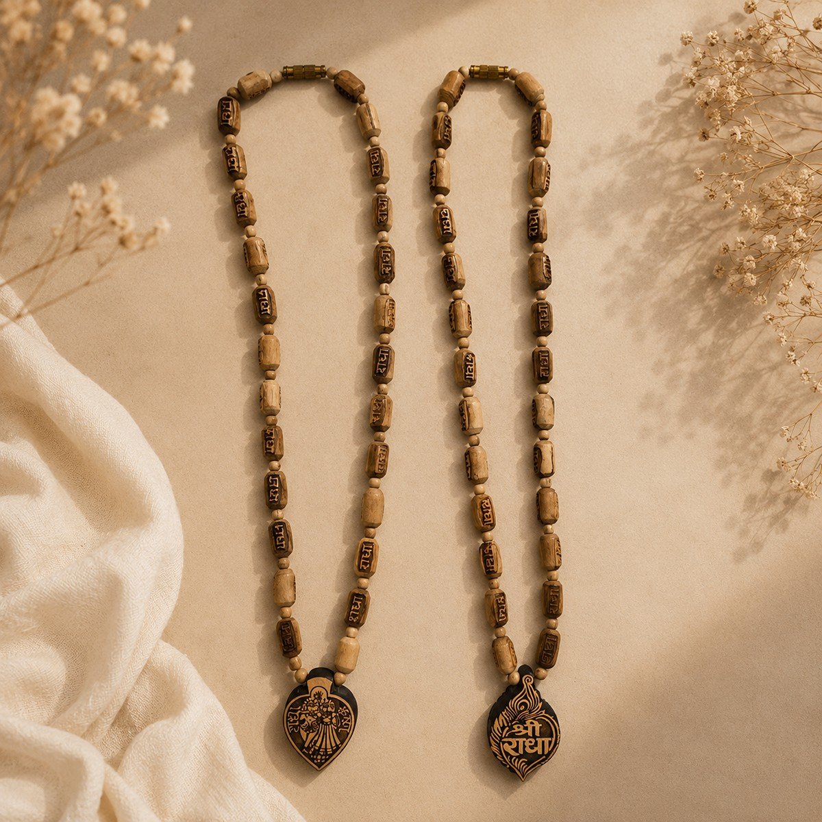 Hand-Engraved Holy Basil Wooden Locket Necklace Combo